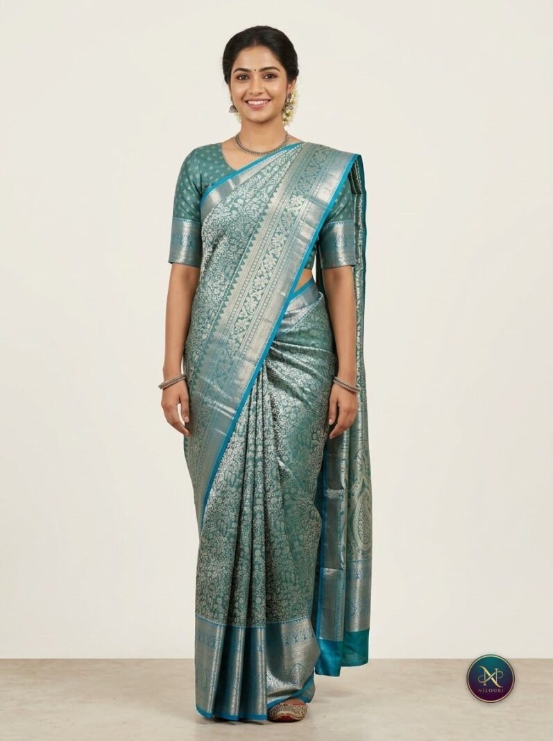 Teal Peacock Pure Self Tissue Saree
