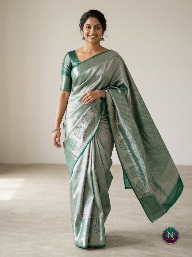 Teal Silver Pure Self Tissue Saree