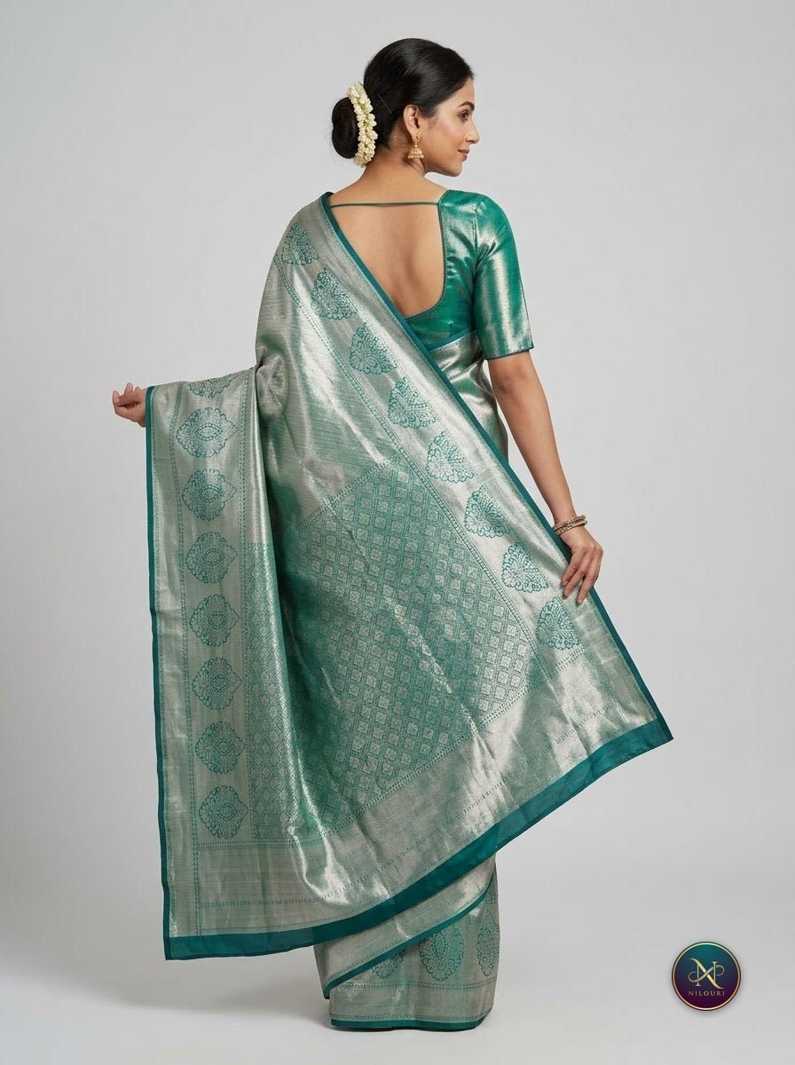 Teal Silver Pure Self Tissue Saree