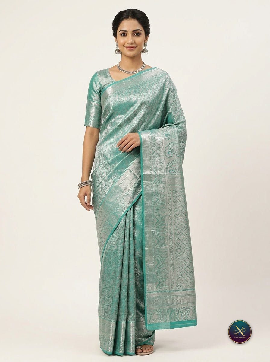 Teal Silver Pure Self Tissue Saree