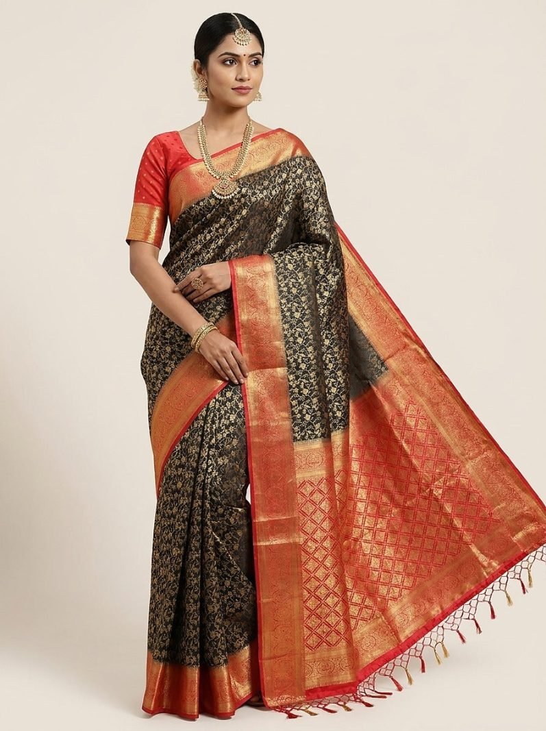 Black Vermilion Banaras Pattu Silk Saree