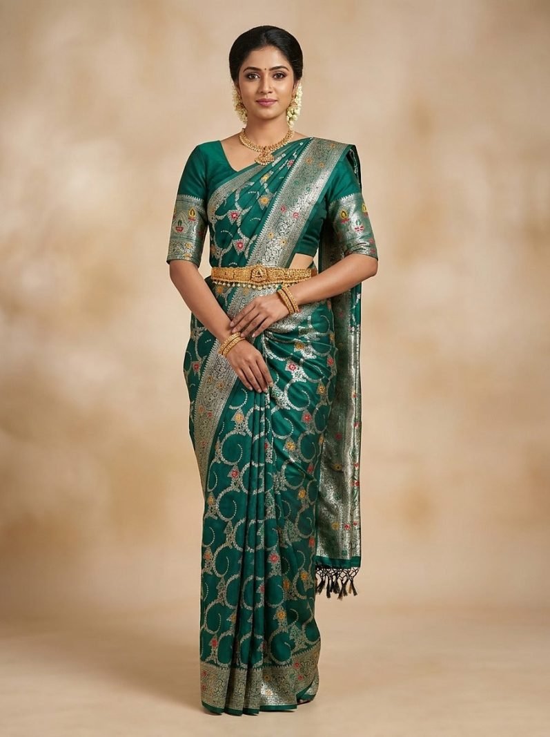 Pine Silver Banaras Pattu Silk Saree